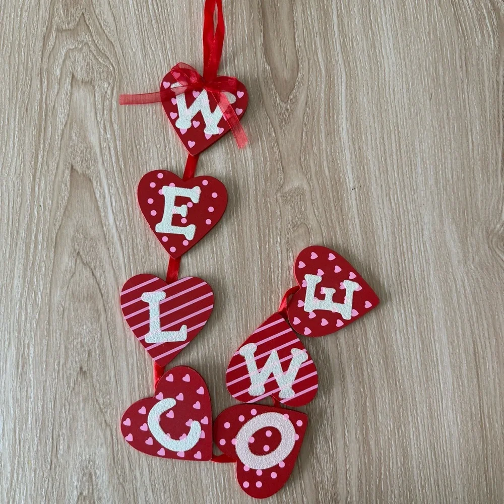 Valentines Wood Hearts Garland Wall Hanging Decor‎ Red Welcome Sign